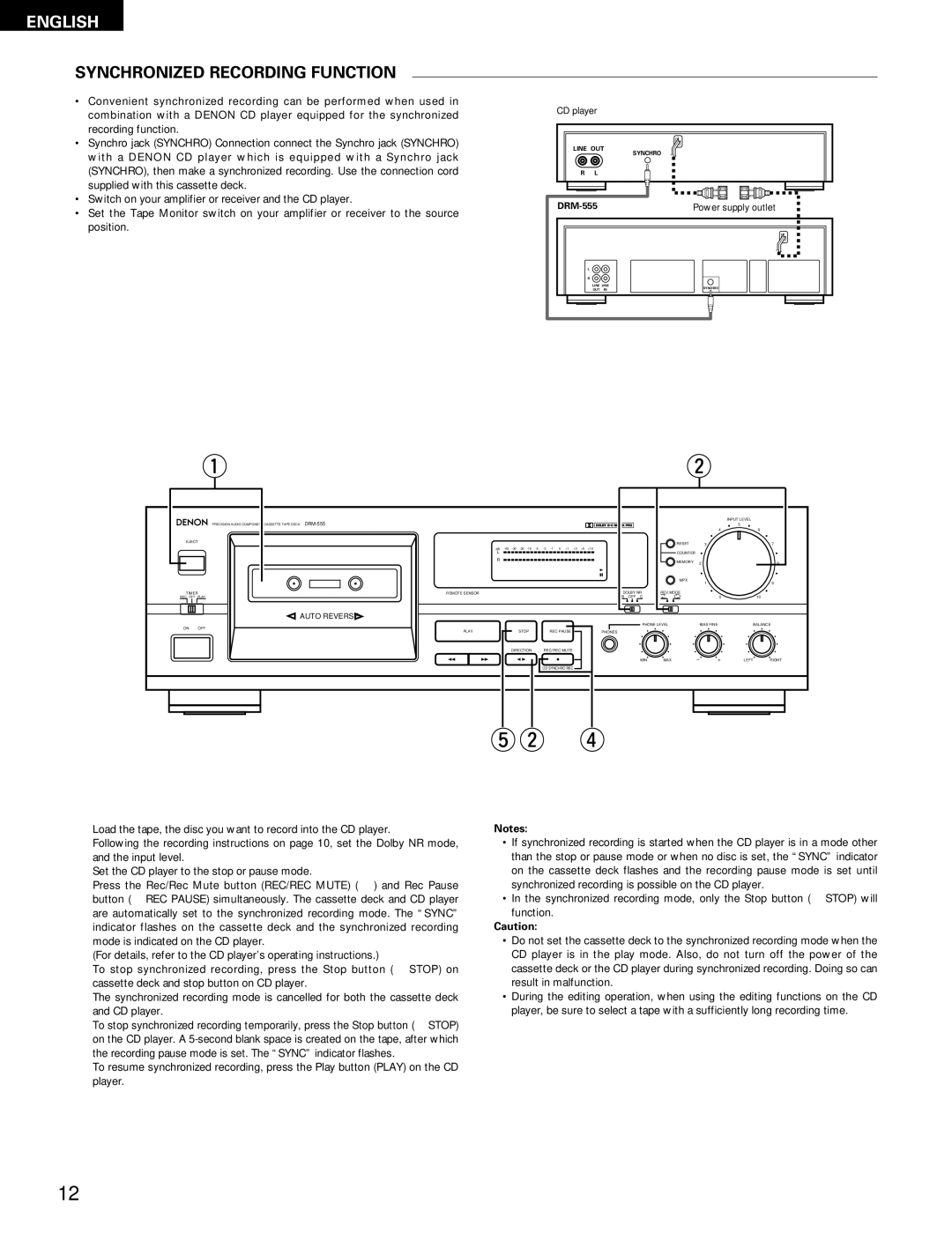 Denon manual Synchronized Recording Function, DRM-555 Power supply outlet 