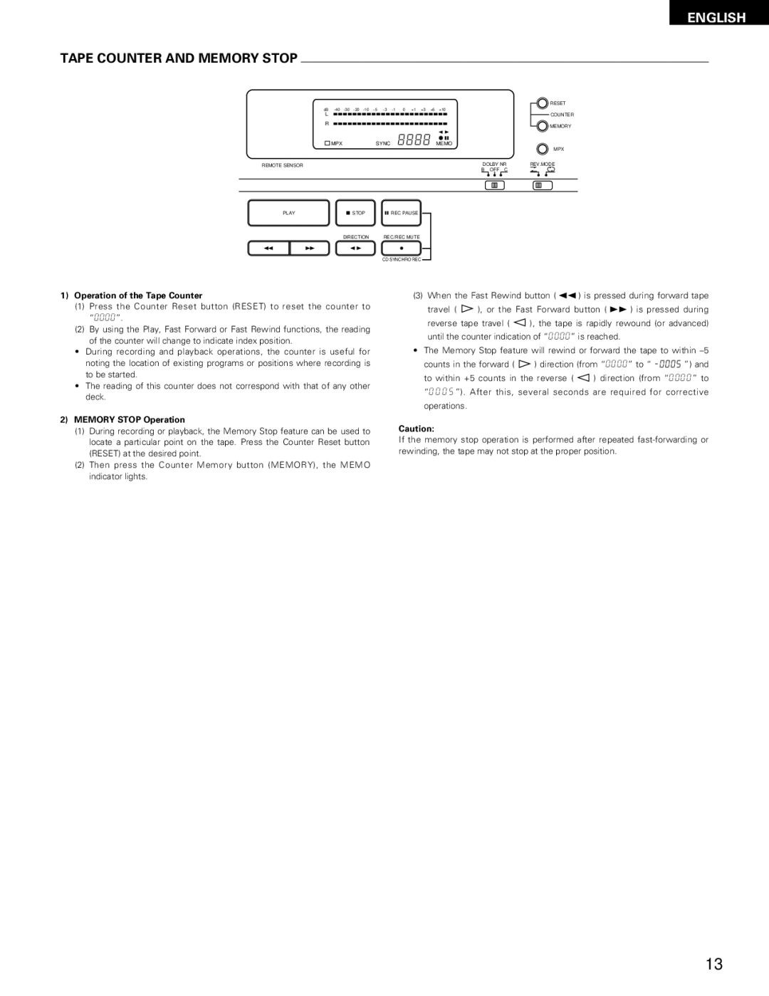 Denon DRM-555 manual Tape Counter and Memory Stop, Operation of the Tape Counter, Memory Stop Operation 