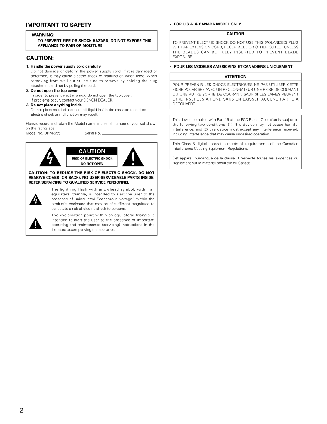 Denon DRM-555 Important to Safety, For U.S.A. & Canada Model only, Pour LES Modeles Americains ET Canadiens Uniquement 