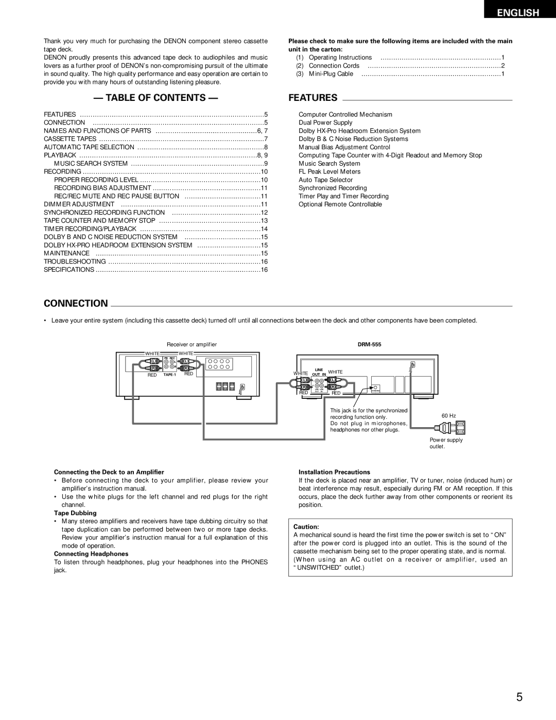 Denon DRM-555 manual Table of Contents Features, Connection 