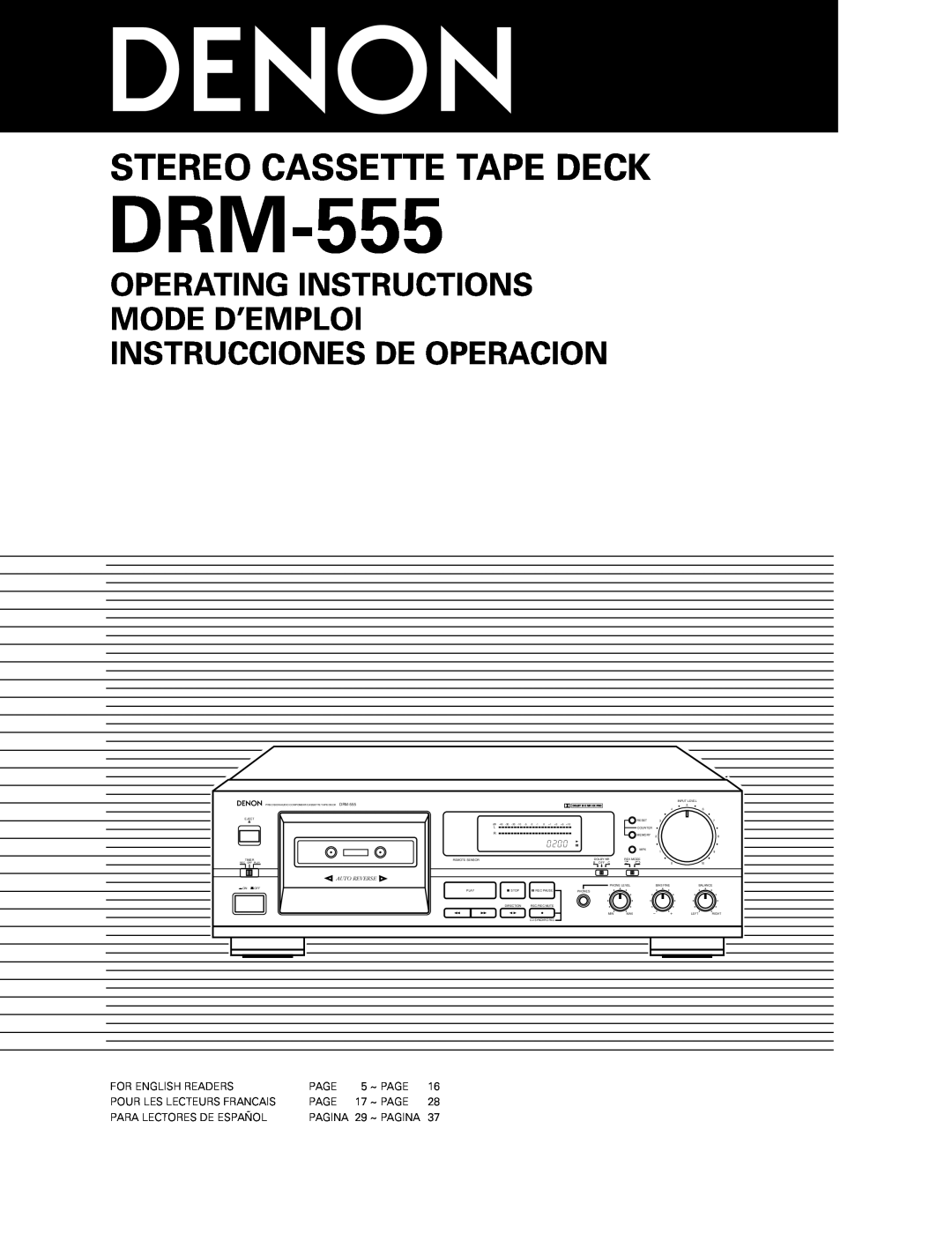 Denon DRM-555 manual Stereo Cassette Tape Deck, Operating Instructions Mode D’Emploi, Instrucciones De Operacion 