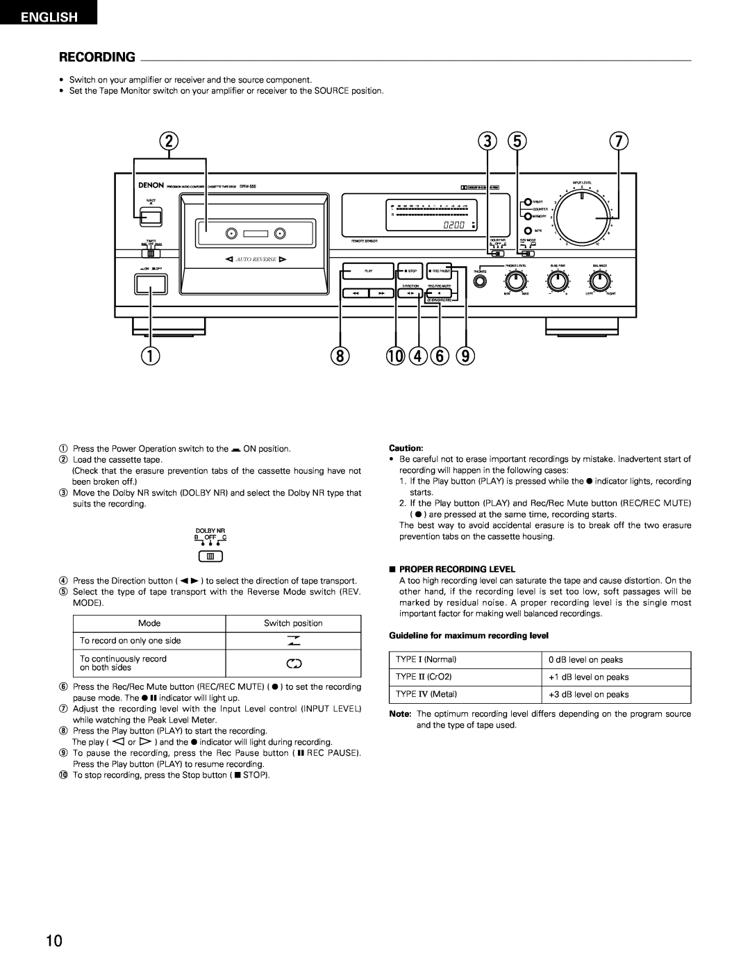 Denon DRM-555 manual Recording, English, 2PROPER RECORDING LEVEL, Guideline for maximum recording level 