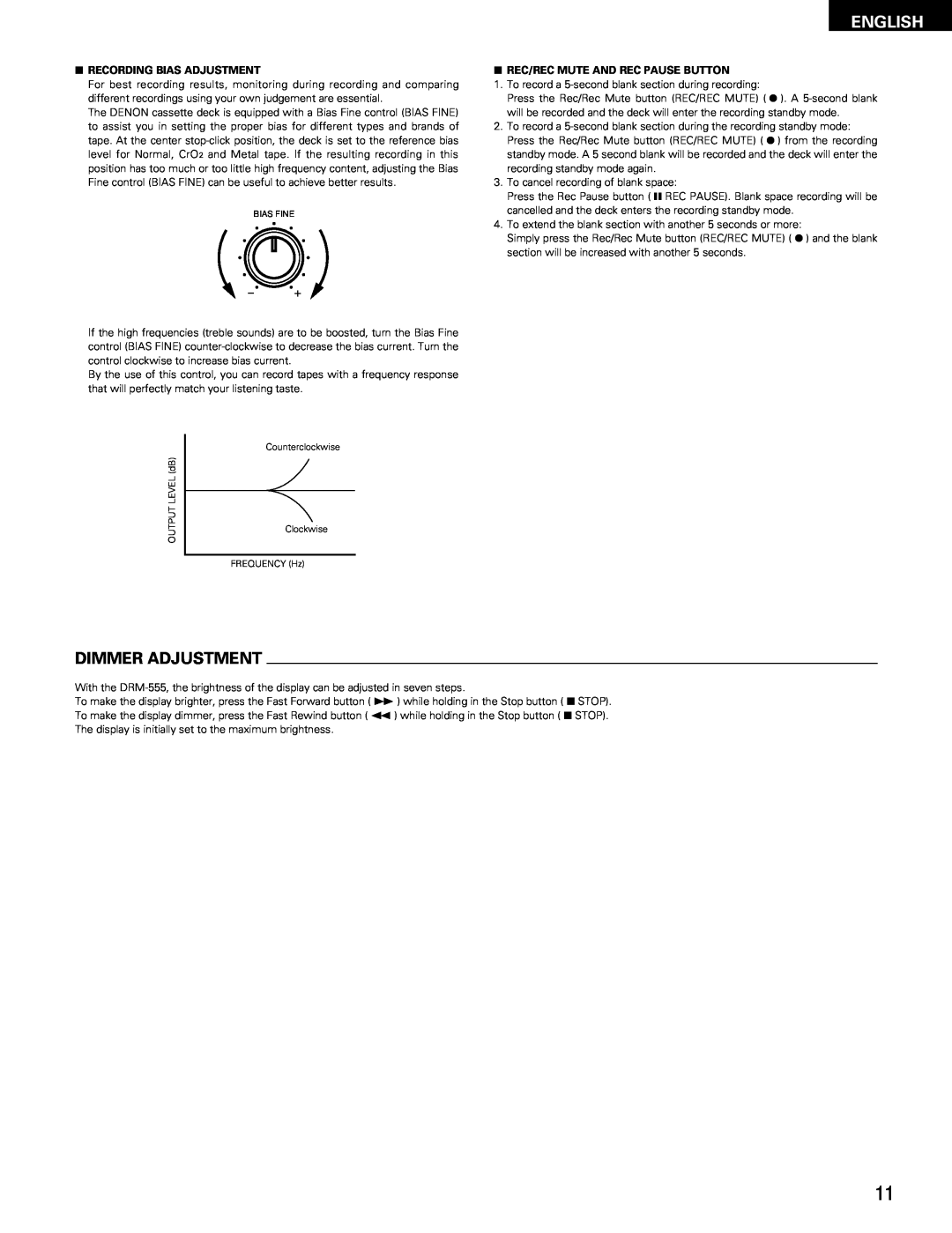 Denon DRM-555 manual Dimmer Adjustment, English, 2RECORDING BIAS ADJUSTMENT, 2REC/REC MUTE AND REC PAUSE BUTTON 