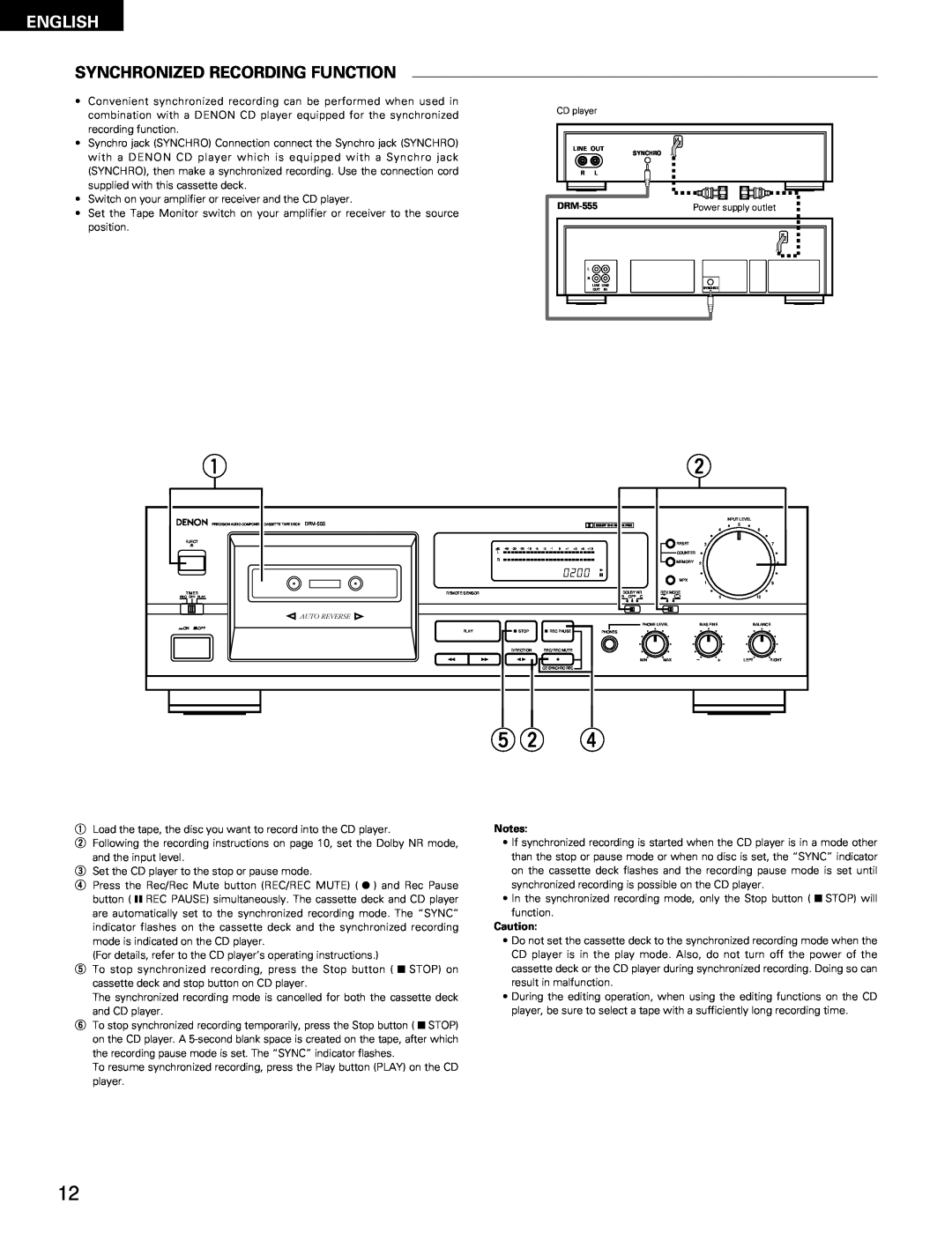 Denon DRM-555 manual Synchronized Recording Function, English 