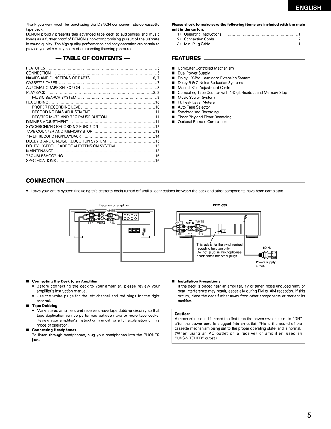 Denon DRM-555 English, Table Of Contents, Features, Connection, unit in the carton, Connecting the Deck to an Amplifier 