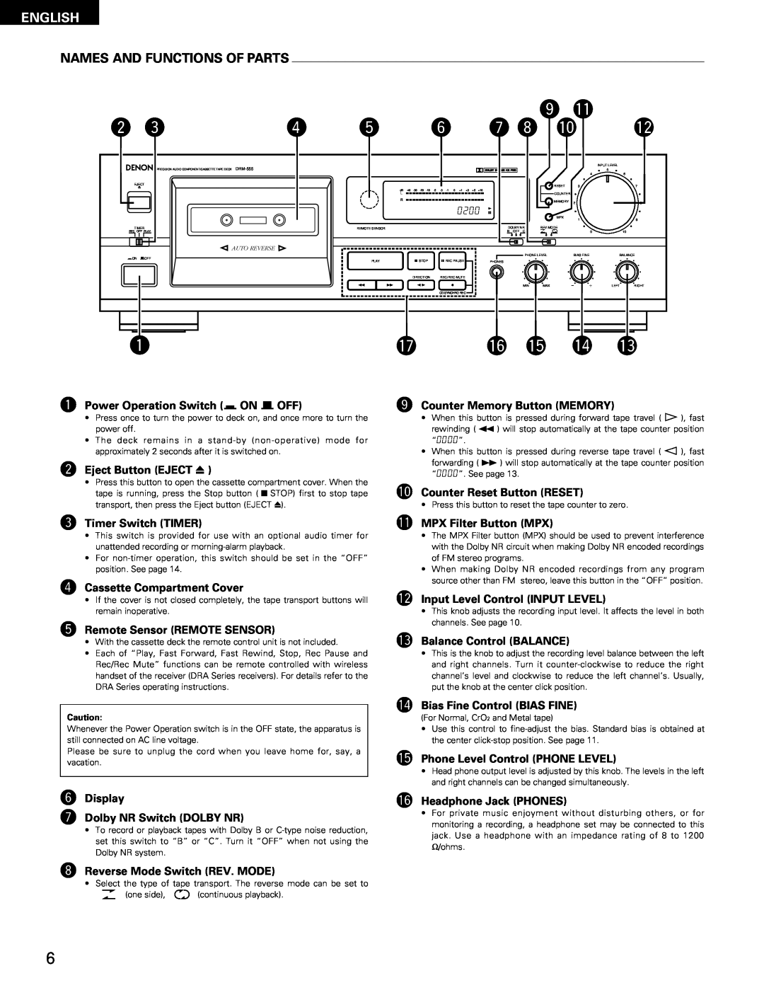 Denon DRM-555 manual Names And Functions Of Parts, o !1, r t y u i !0 !2, 6 !5, 4 !3, English 