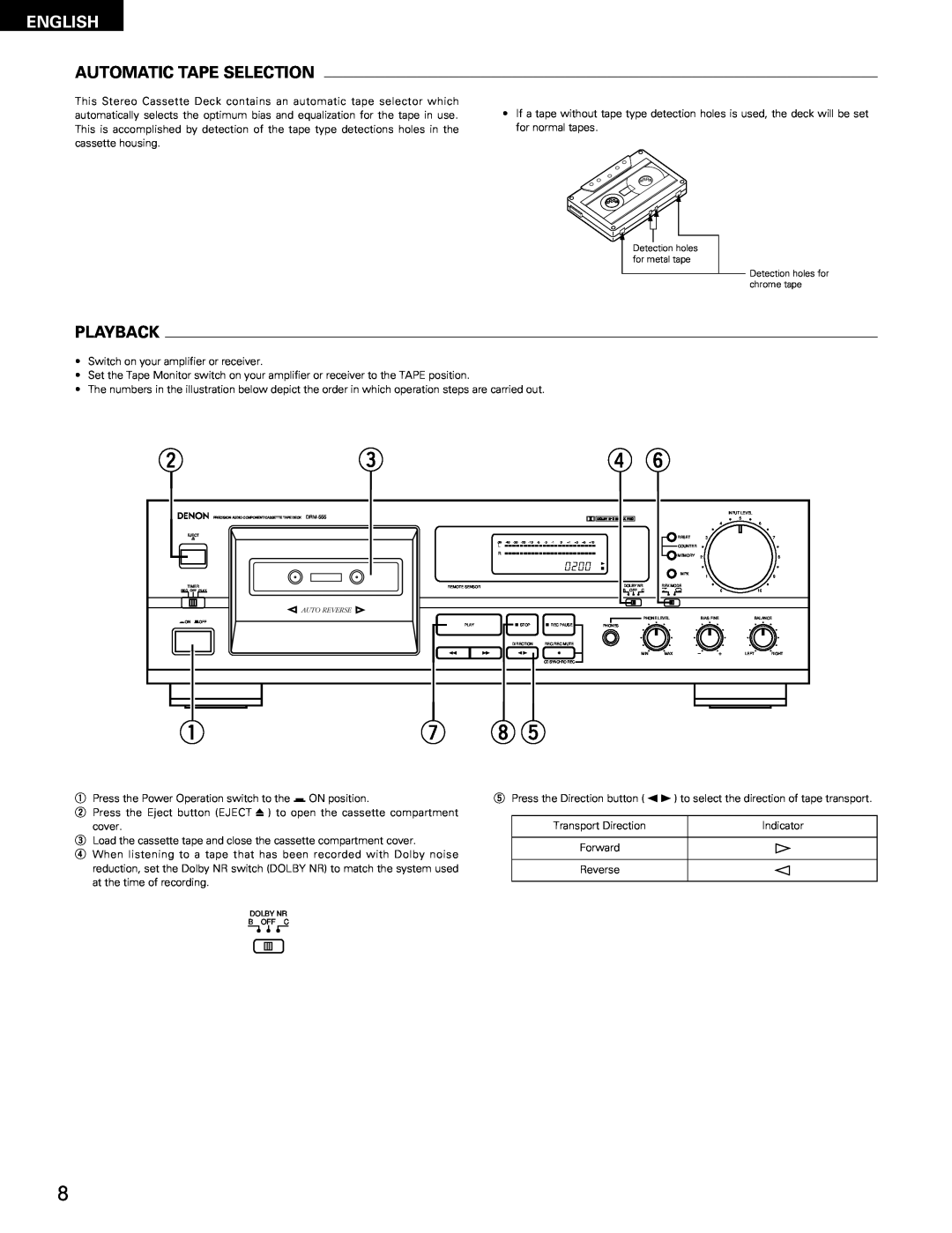 Denon DRM-555 manual Automatic Tape Selection, Playback, English 
