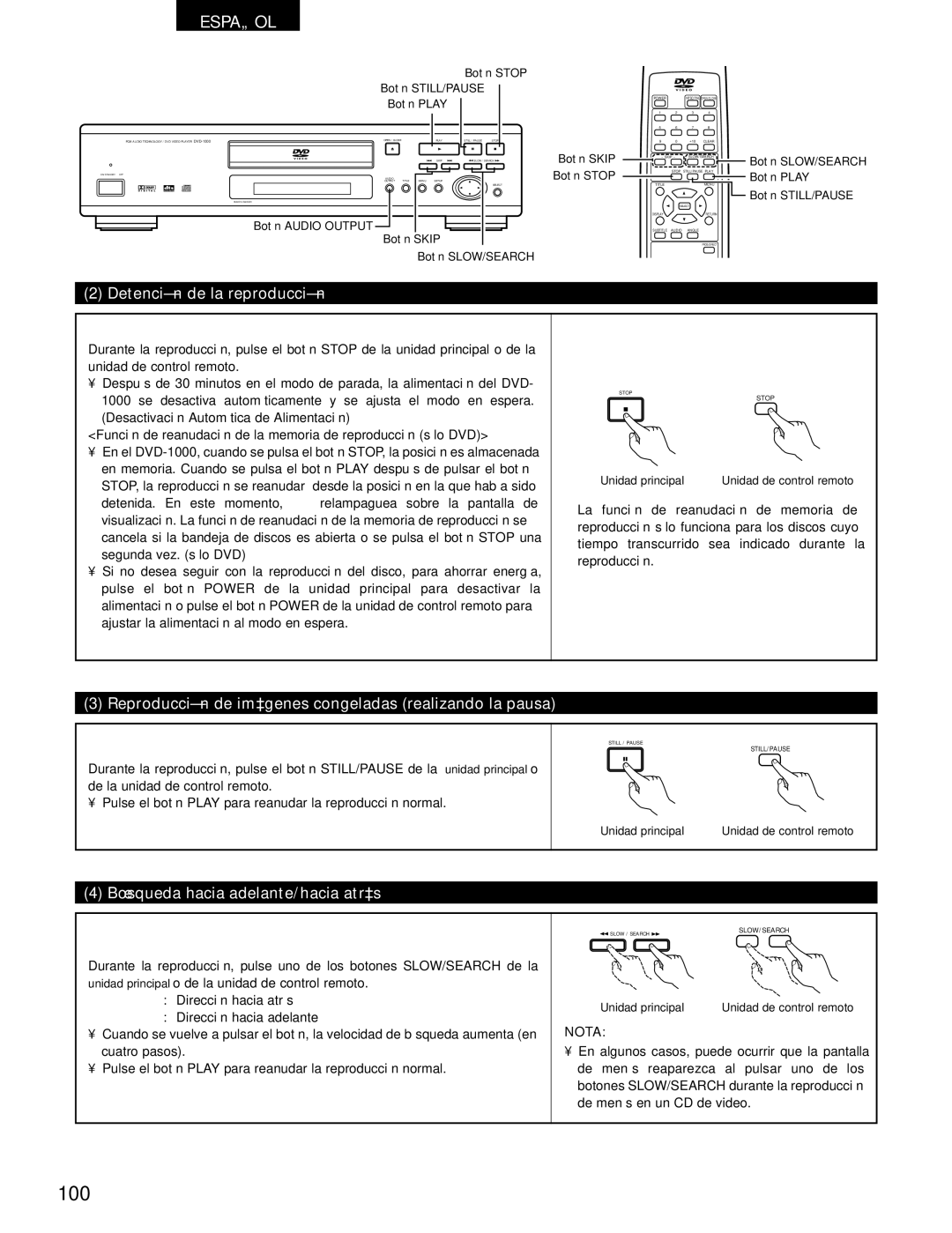 Denon DVD-1000 manual Detención de la reproducción, Reproducción de imágenes congeladas realizando la pausa 