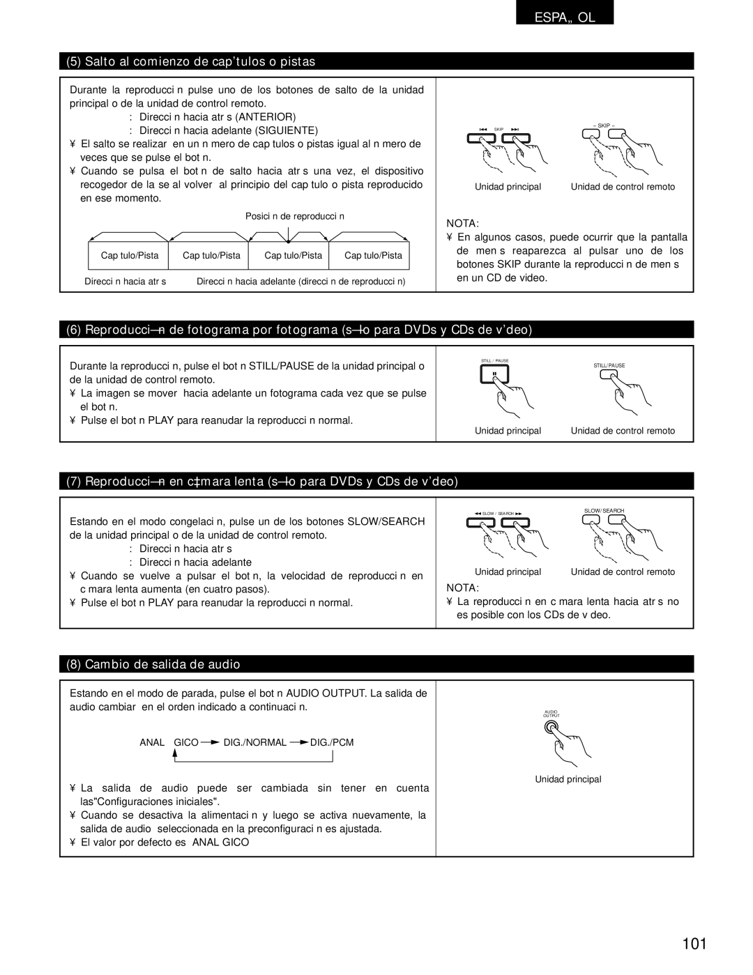 Denon DVD-1000 101, Salto al comienzo de capítulos o pistas, Reproducción en cámara lenta sólo para DVDs y CDs de vídeo 