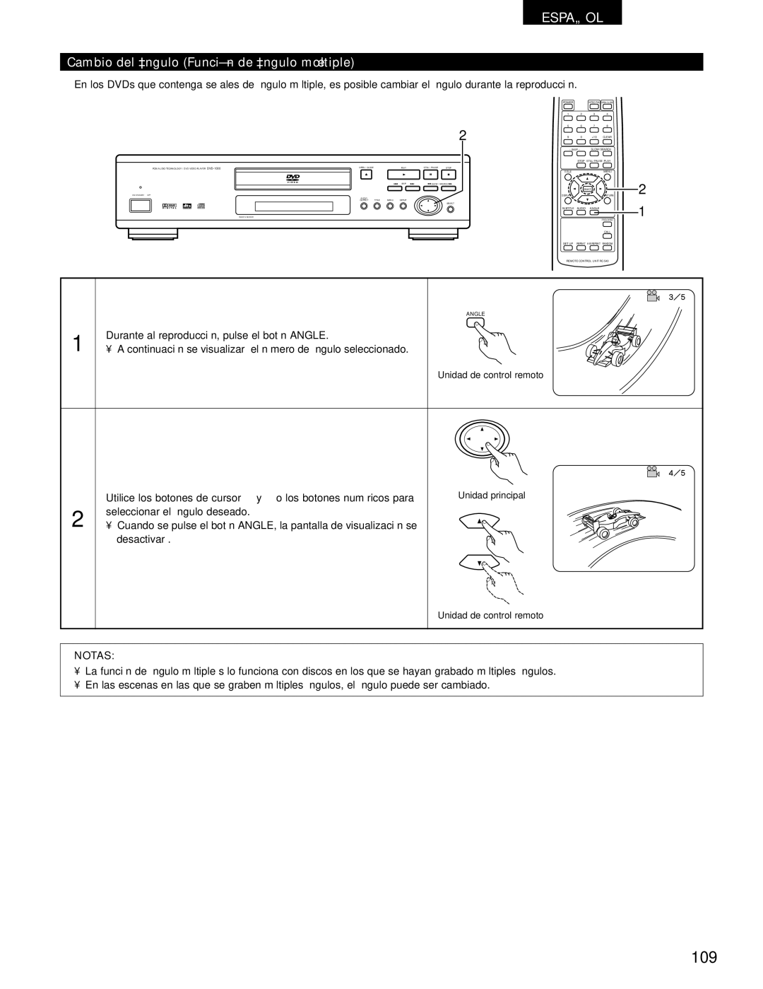 Denon DVD-1000 manual 109, Cambio del ángulo Función de ángulo múltiple 