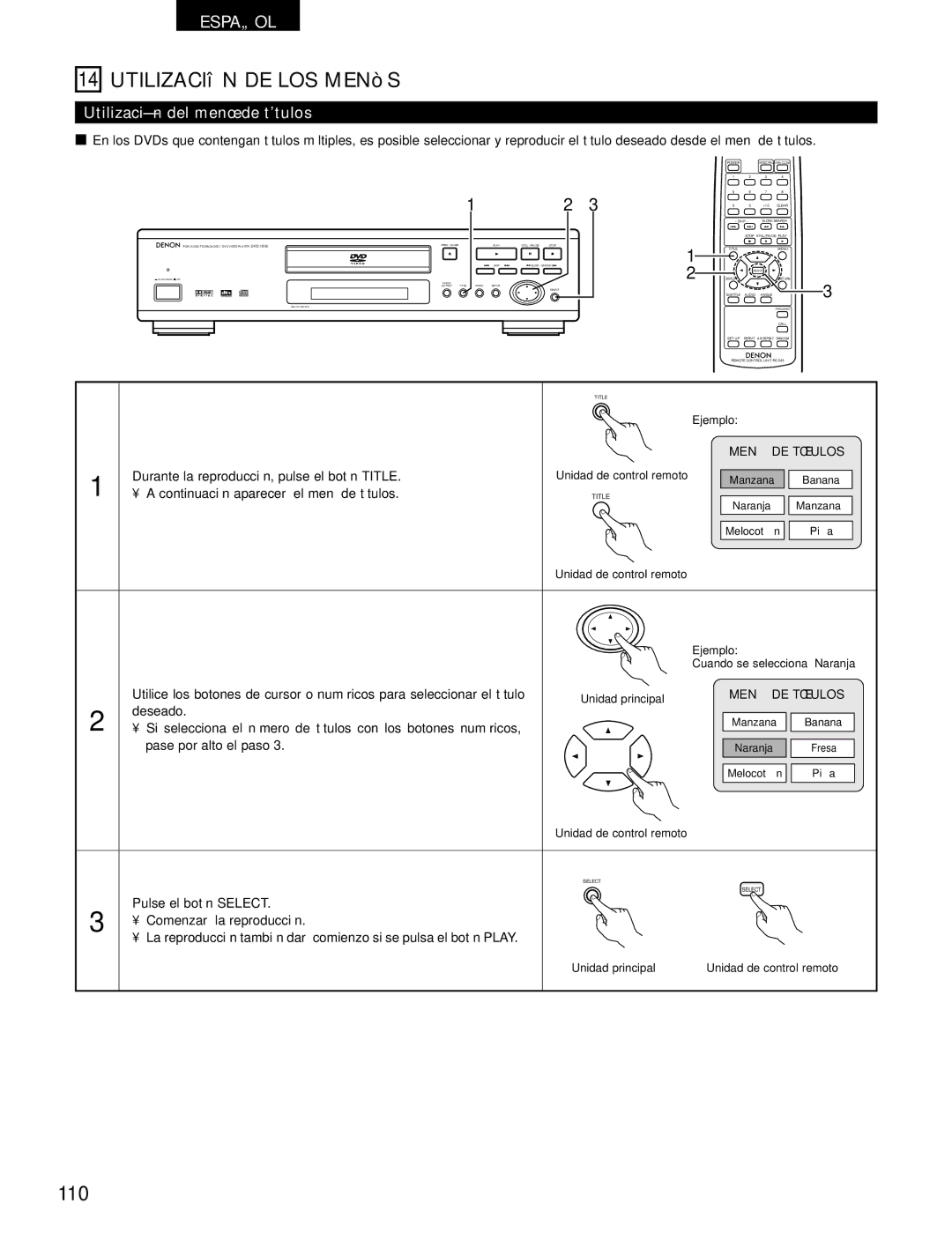 Denon DVD-1000 manual Utilización DE LOS Menús, 110, Utilización del menú de títulos 