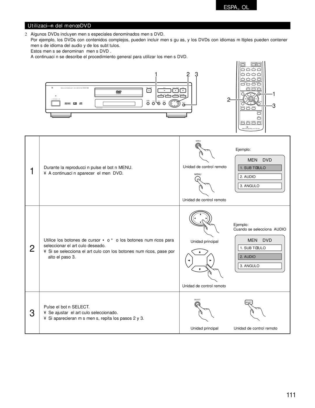 Denon DVD-1000 manual 111, Utilización del menú DVD, Menú DVD 