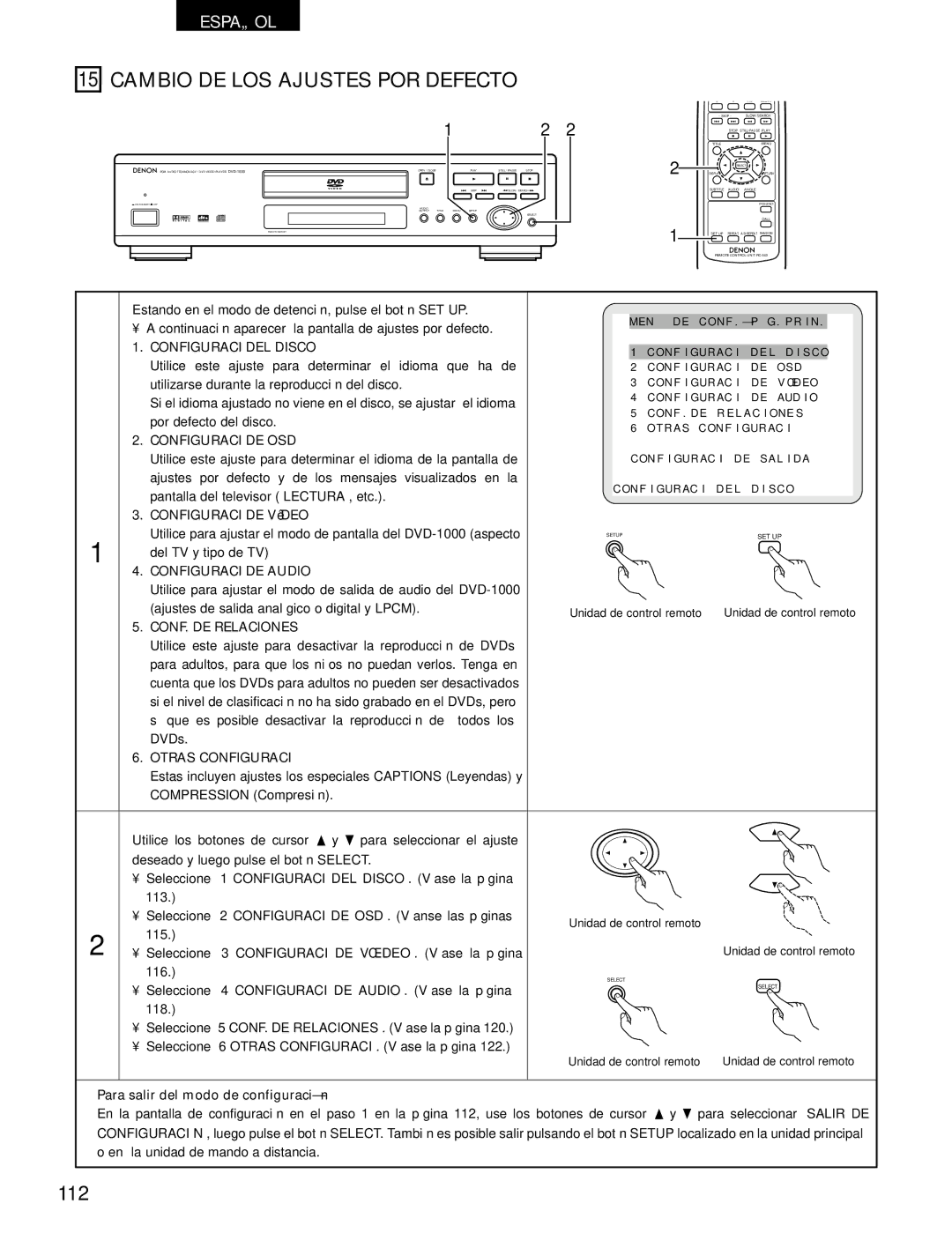 Denon DVD-1000 manual Cambio DE LOS Ajustes POR Defecto, 112 