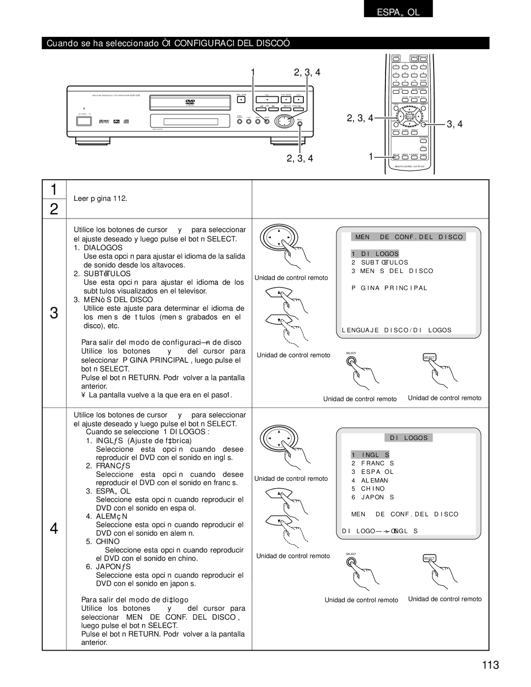 Denon DVD-1000 manual 113, Cuando se ha seleccionado 1 Configuraci DEL Disco 