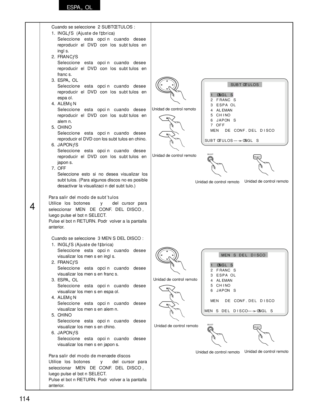 Denon DVD-1000 manual 114, Para salir del modo de subtítulos, Para salir del modo de menú de discos 