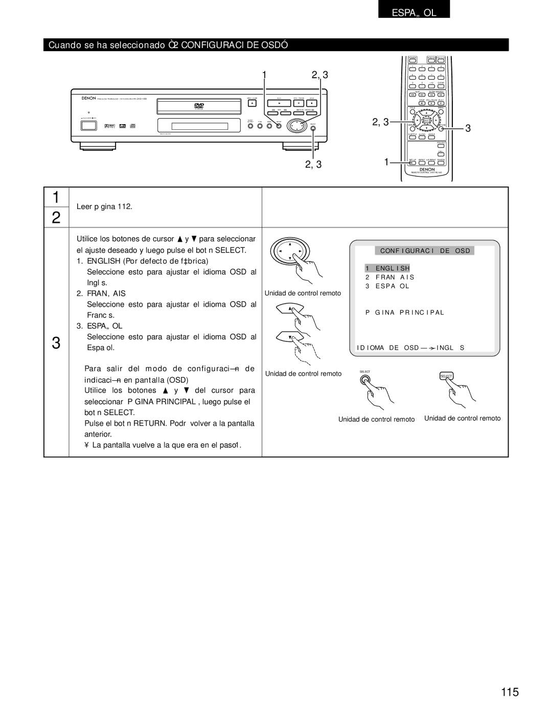 Denon DVD-1000 manual 115, Cuando se ha seleccionado 2 Configuraci DE OSD, English Por defecto de fábrica 