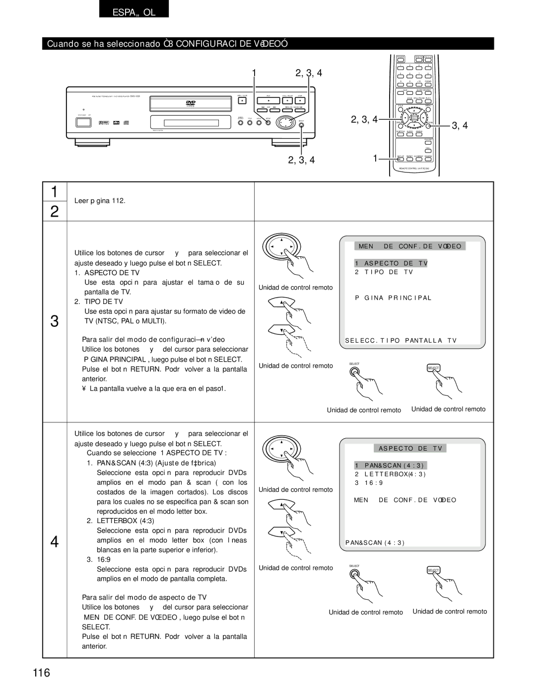 Denon DVD-1000 manual 116, Cuando se ha seleccionado 3 Configuraci DE Vídeo, Aspecto DE TV, Tipo DE TV 