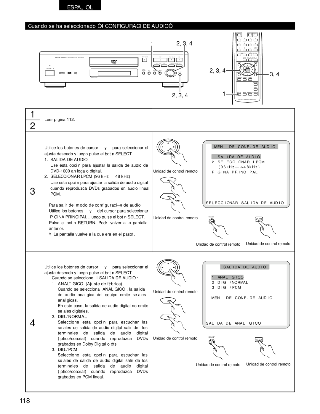 Denon DVD-1000 manual 118, Cuando se ha seleccionado 4 Configuraci DE Audio, Salida DE Audio, Analógico 