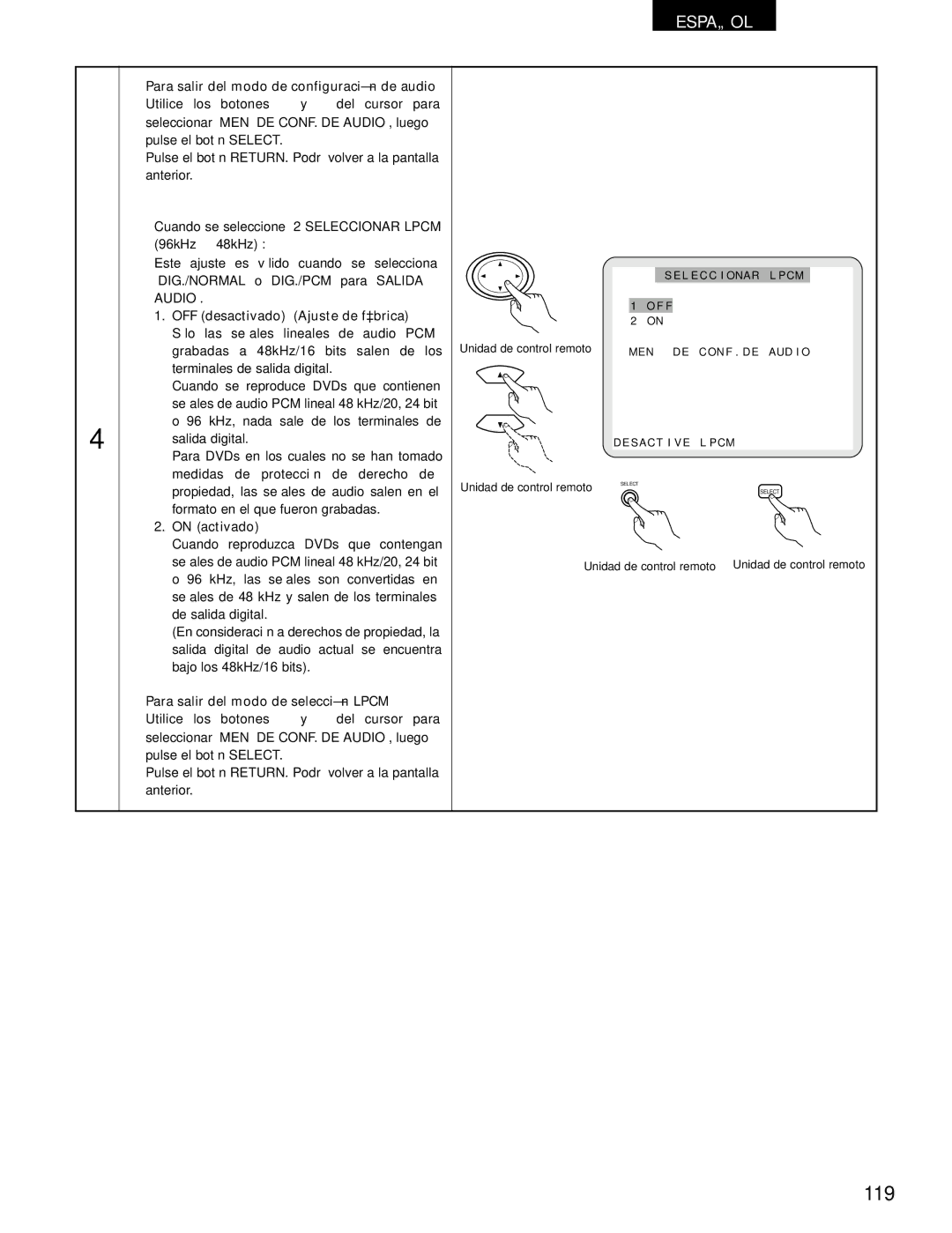 Denon DVD-1000 manual 119, On activado, Para salir del modo de selección Lpcm 