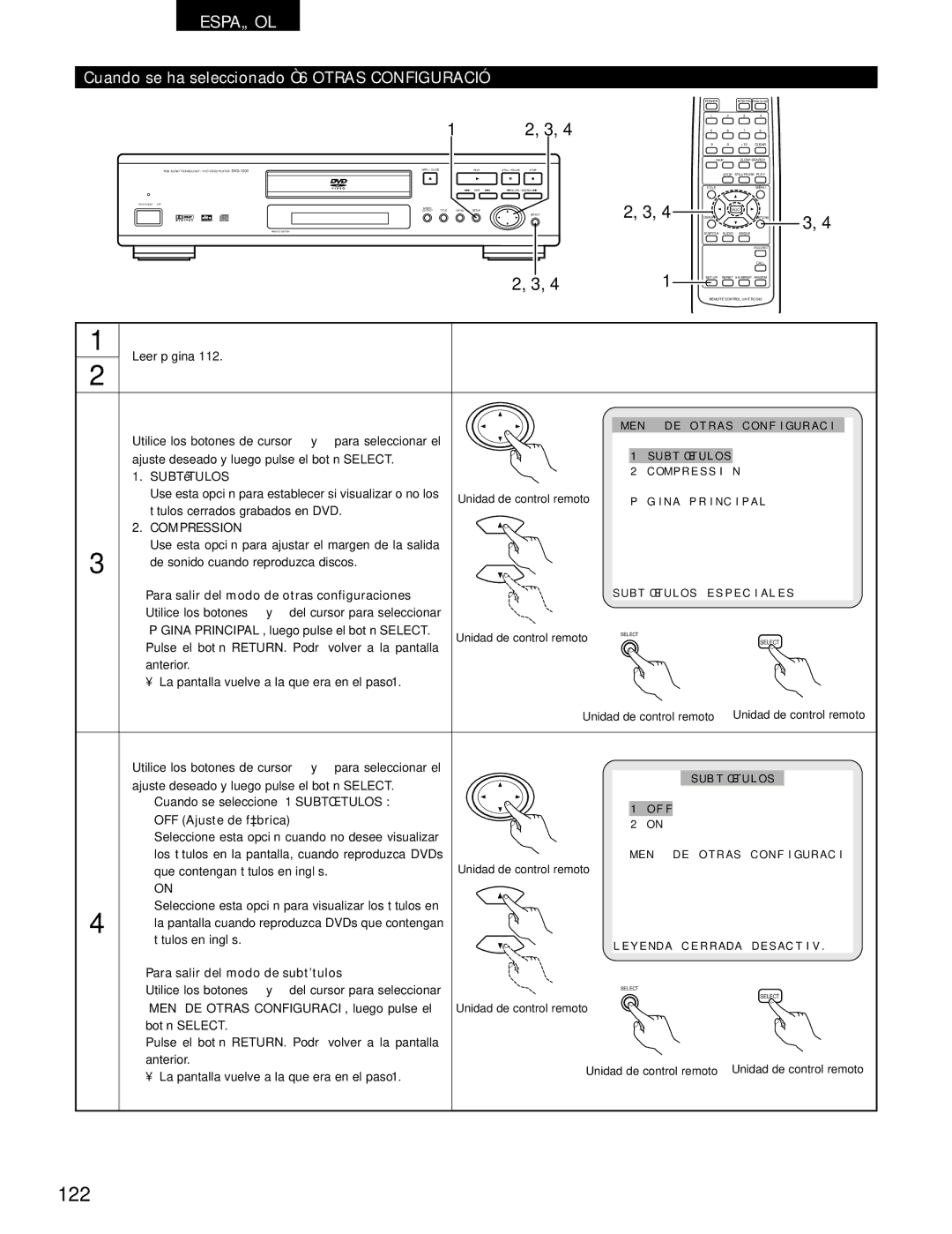 Denon DVD-1000 manual 122, Cuando se ha seleccionado 6 Otras Configuraci, Para salir del modo de otras configuraciones 