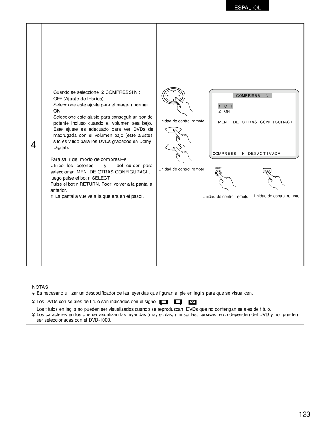 Denon DVD-1000 manual 123, Para salir del modo de compresión 