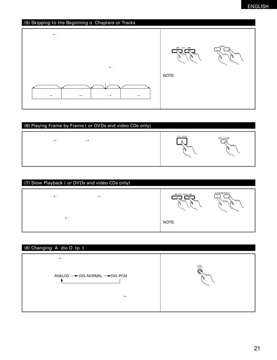 Denon DVD-1000 manual Skipping to the Beginning of Chapters or Tracks, Playing Frame by Frame for DVDs and video CDs only 