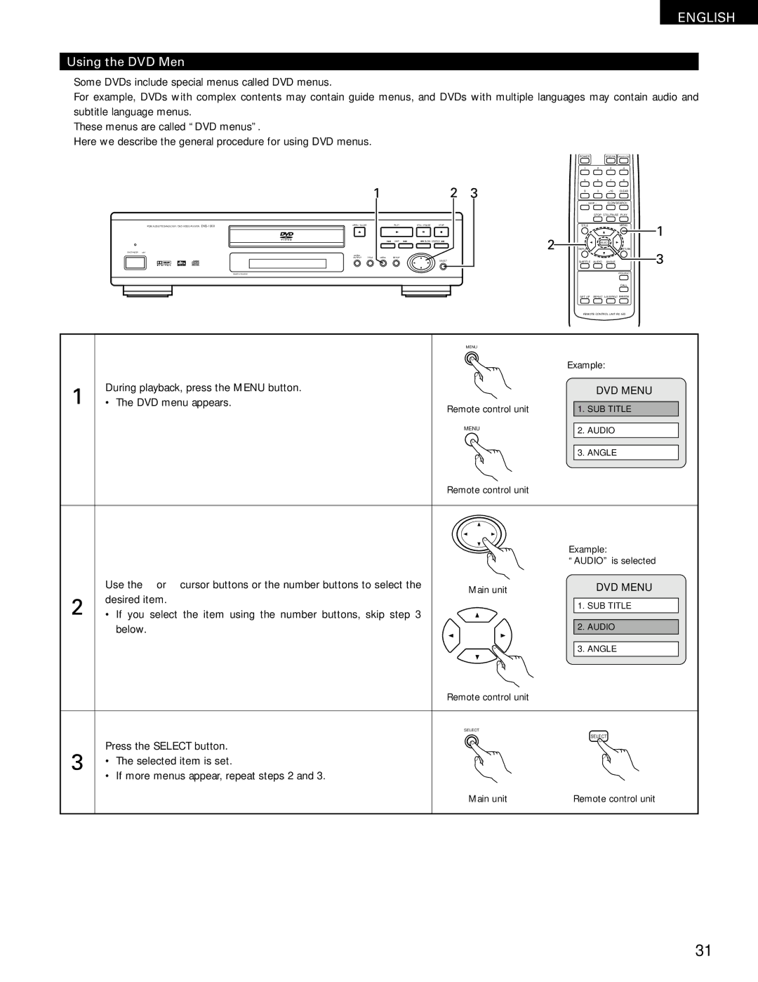 Denon DVD-1000 manual Using the DVD Menu 