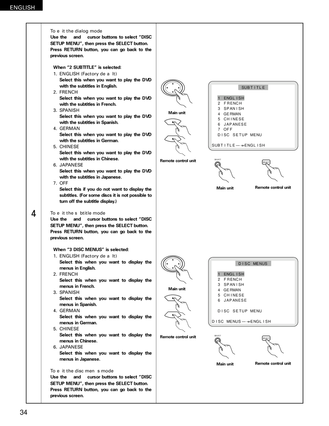 Denon DVD-1000 manual To exit the dialog mode, Off, To exit the subtitle mode, To exit the disc menus mode 