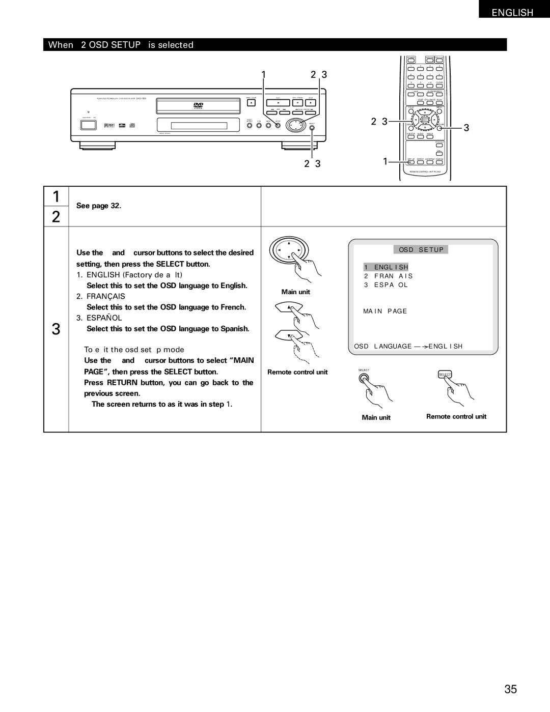 Denon DVD-1000 manual When 2 OSD Setup is selected, Français, Español, To exit the osd setup mode 