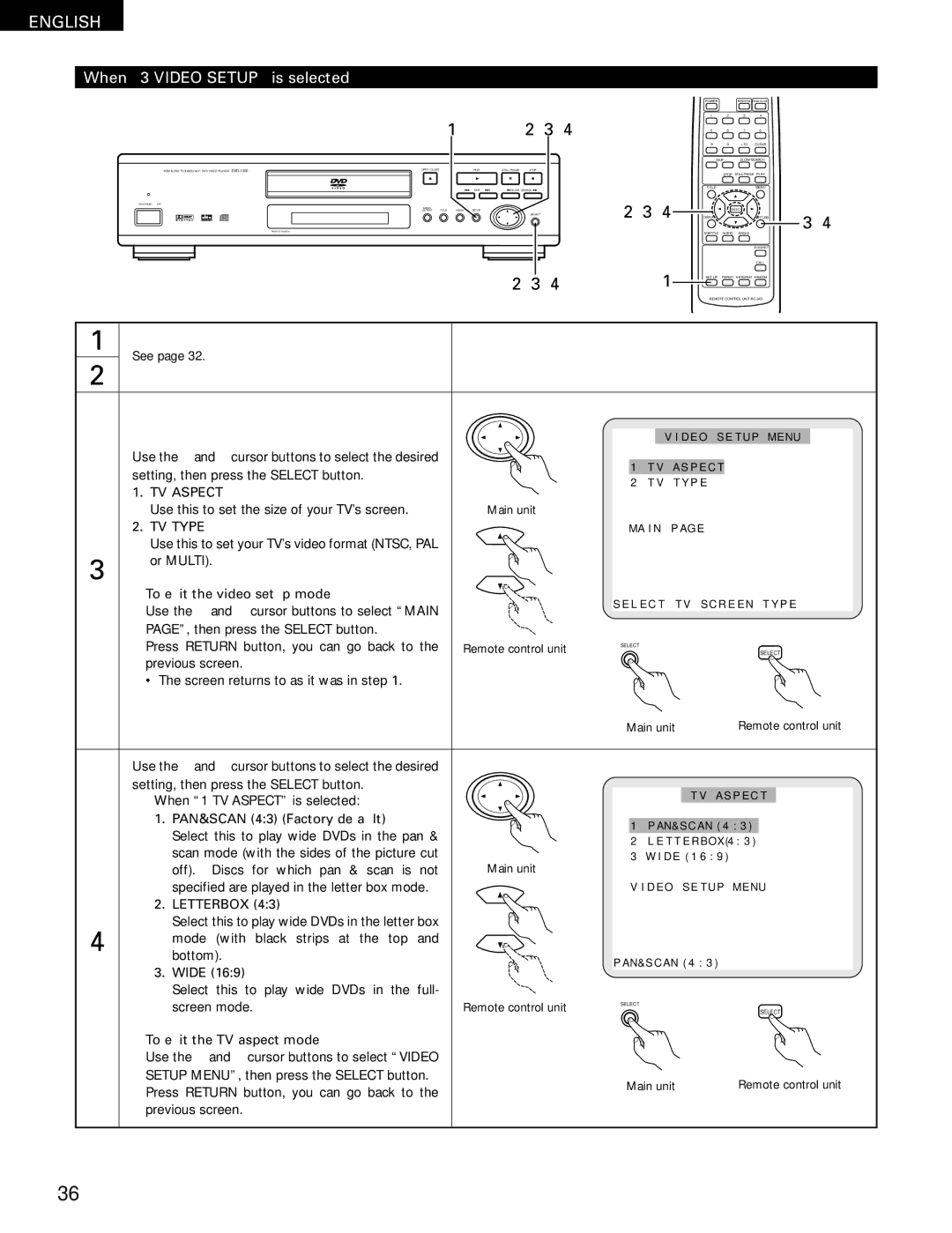 Denon DVD-1000 manual When 3 Video Setup is selected, TV Aspect, TV Type 