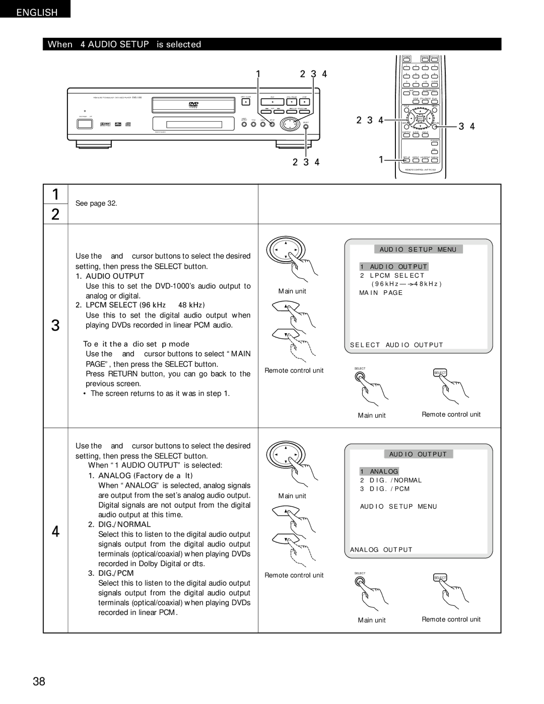 Denon DVD-1000 manual When 4 Audio Setup is selected, Audio Output, Dig./Normal, Dig./Pcm 