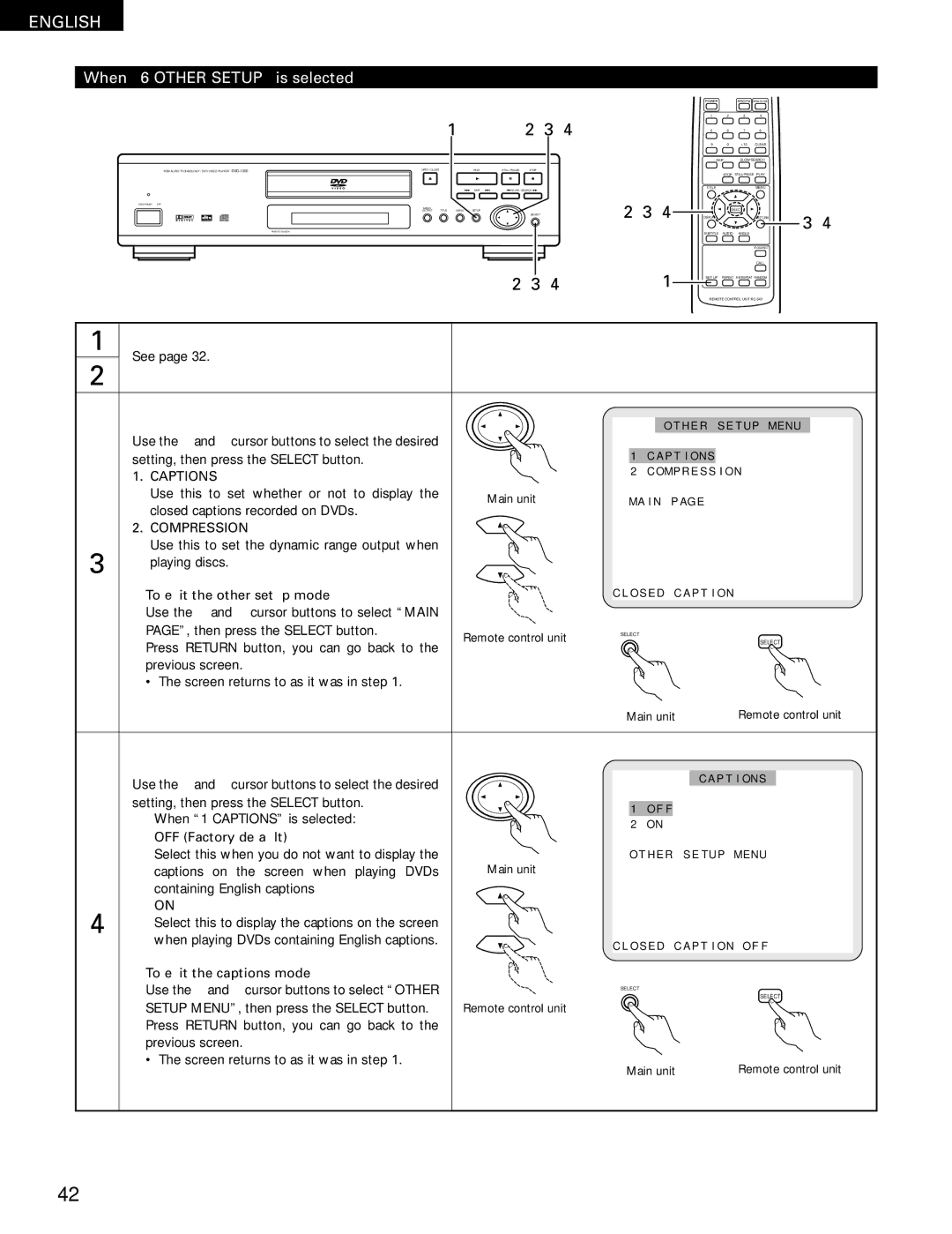 Denon DVD-1000 manual When 6 Other Setup is selected, Captions, Compression, To exit the other setup mode 