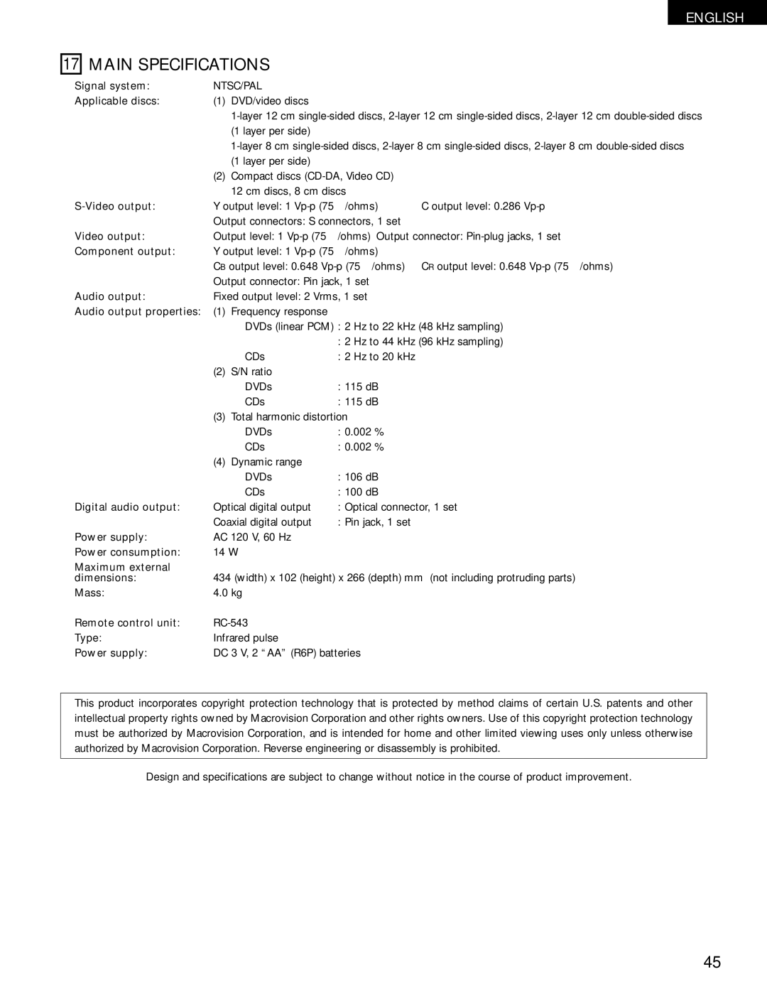 Denon DVD-1000 manual Main Specifications 