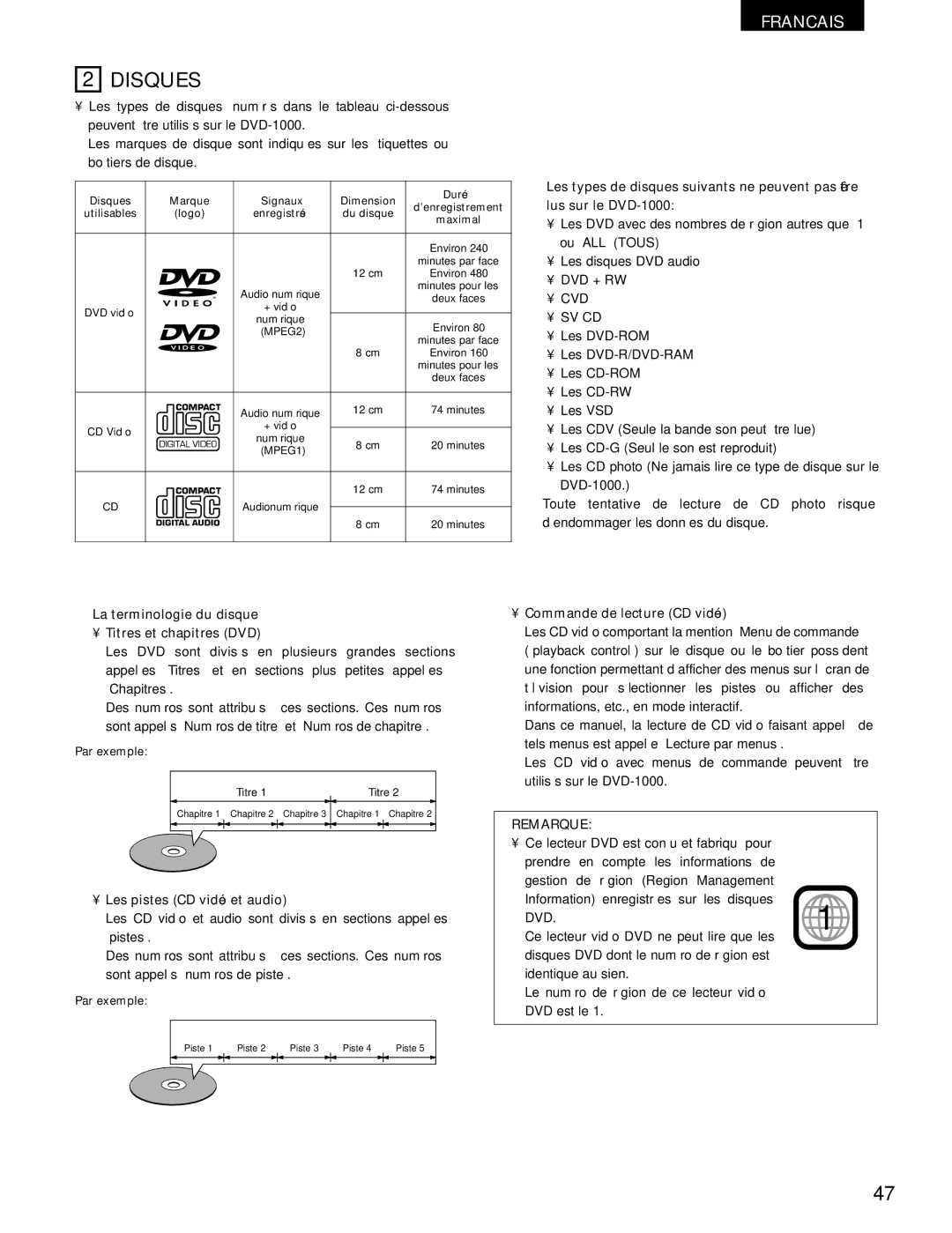 Denon DVD-1000 manual Disques, La terminologie du disque Titres et chapitres DVD, Les pistes CD vidéo et audio, Remarque 