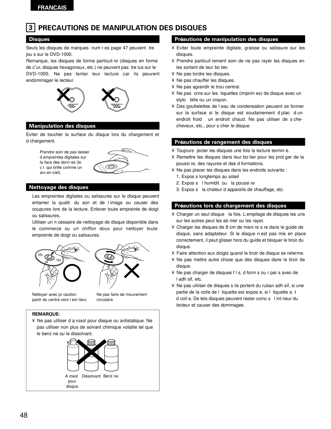 Denon DVD-1000 manual Precautions DE Manipulation DES Disques 