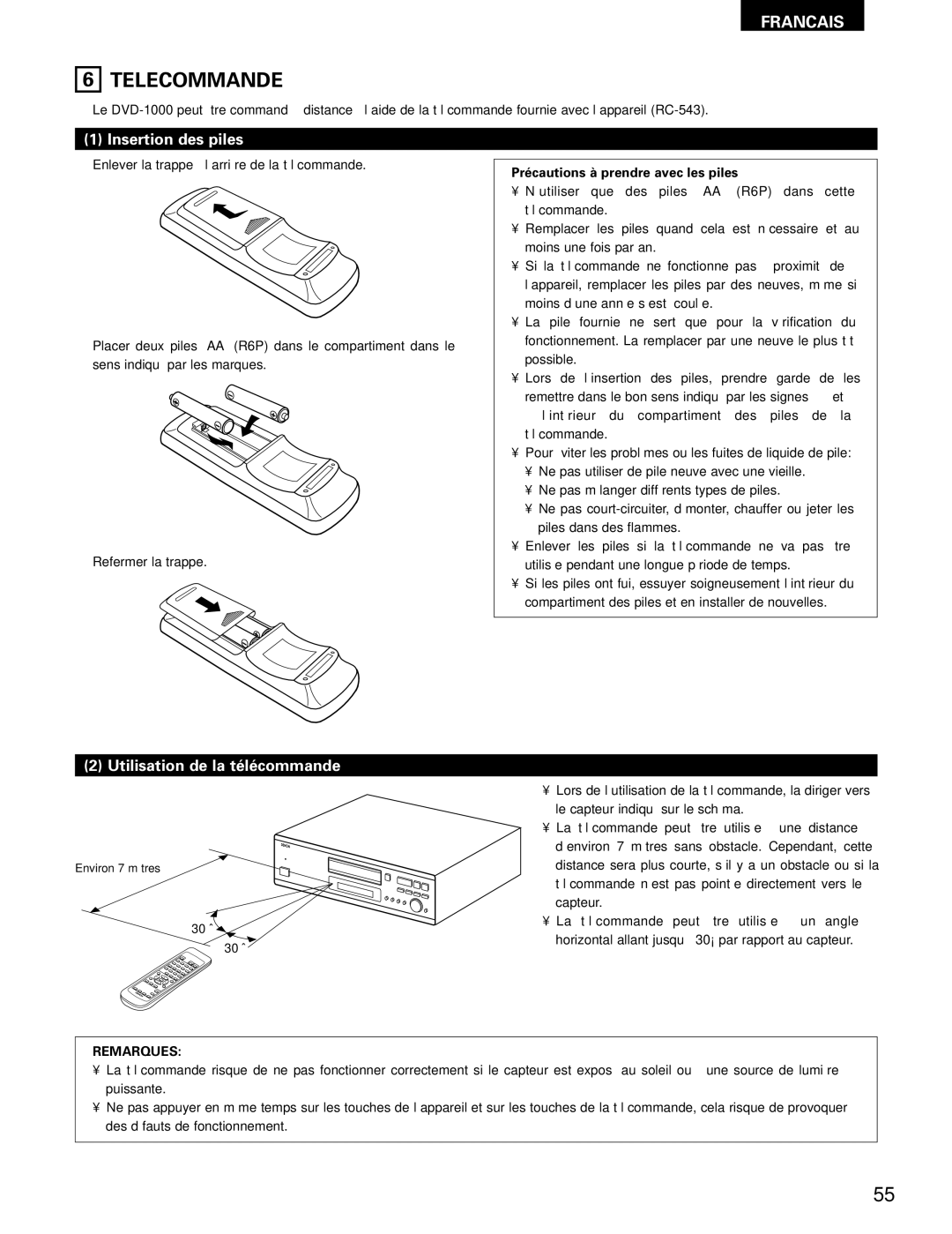 Denon DVD-1000 Telecommande, Insertion des piles, Utilisation de la télécommande, Précautions à prendre avec les piles 