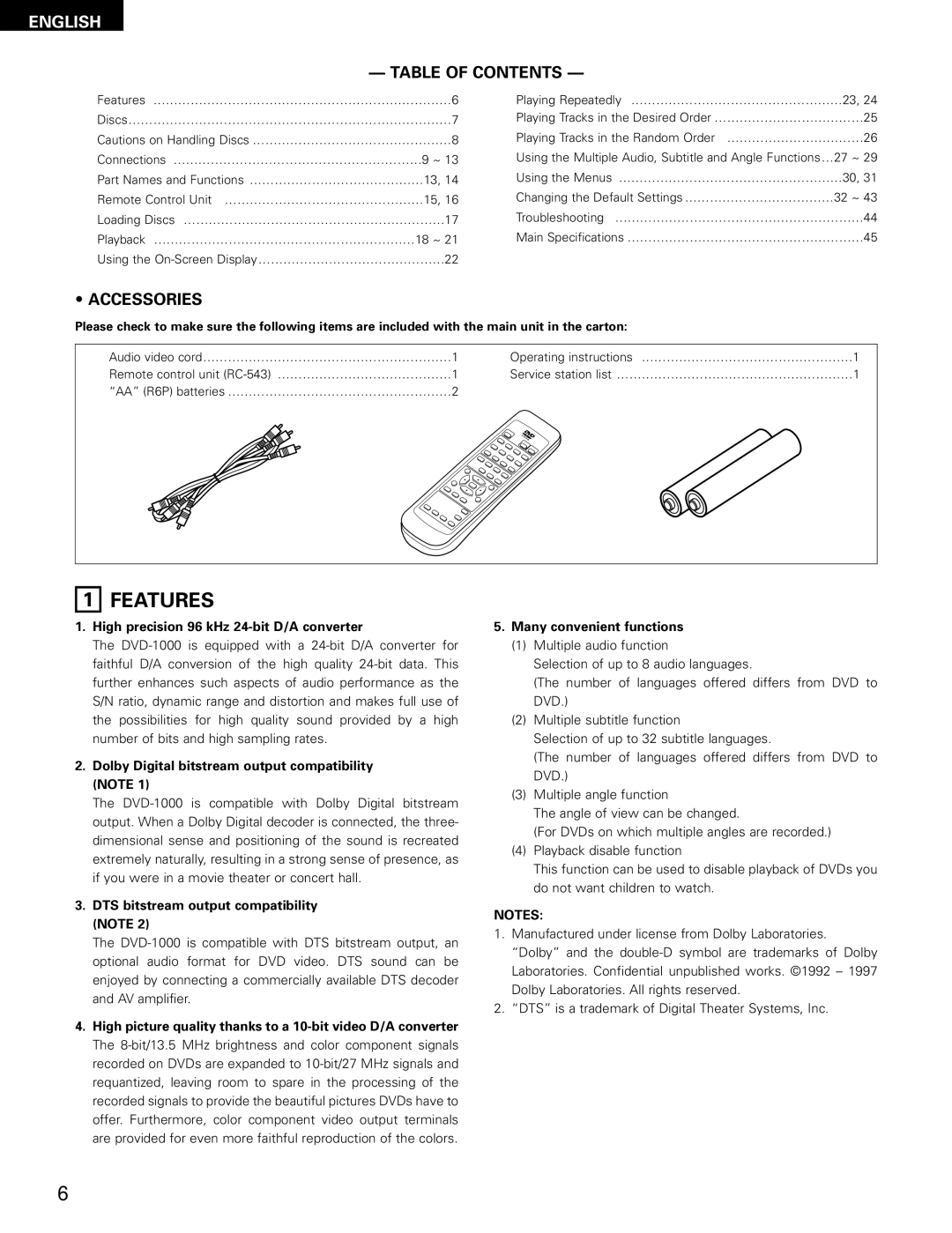 Denon DVD-1000 manual Features, English 