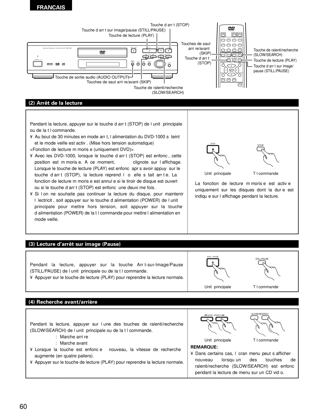 Denon DVD-1000 manual Arrêt de la lecture, Lecture d’arrêt sur image Pause, Recherche avant/arrière 