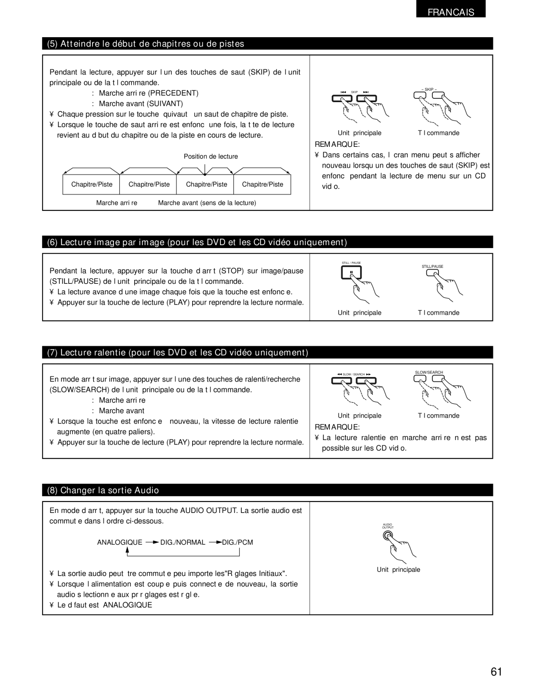 Denon DVD-1000 Atteindre le début de chapitres ou de pistes, Lecture ralentie pour les DVD et les CD vidéo uniquement 