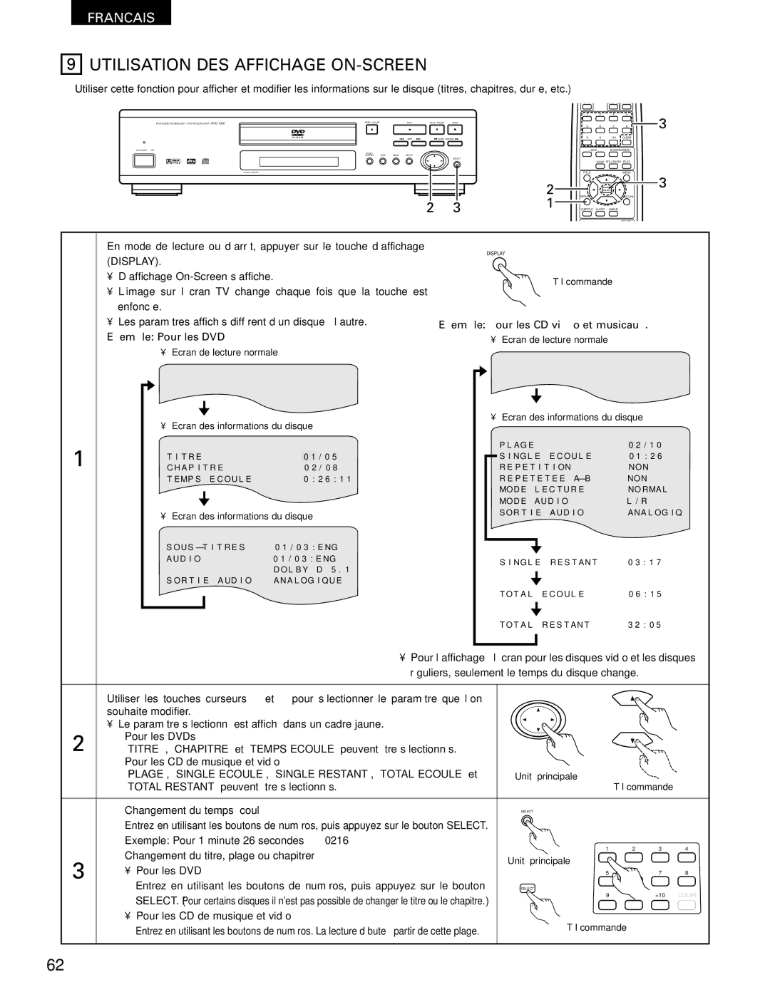 Denon DVD-1000 manual Utilisation DES Affichage ON-SCREEN, Display, Les paramètres affichés diffèrent d’un disque à l’autre 