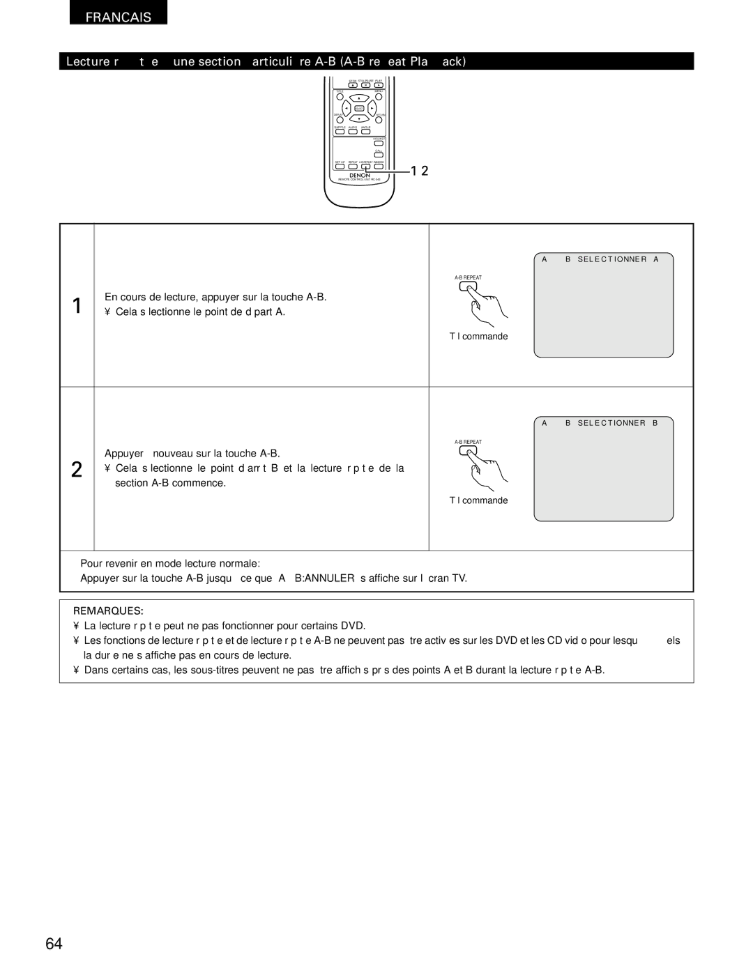 Denon DVD-1000 manual En cours de lecture, appuyer sur la touche A-B 