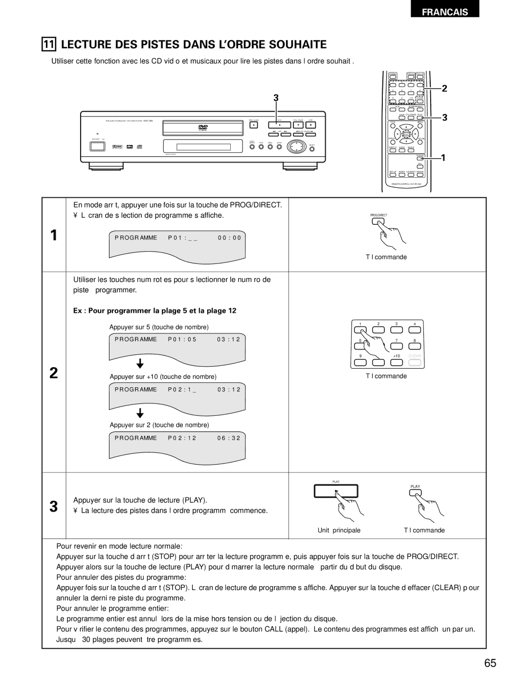 Denon DVD-1000 manual Lecture DES Pistes Dans L’ORDRE Souhaite, Ex Pour programmer la plage 5 et la plage 