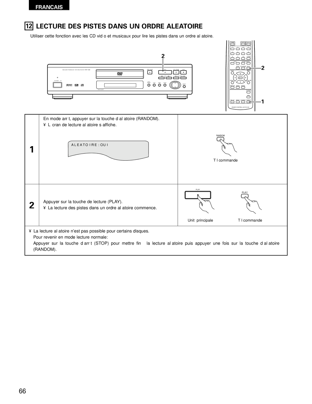 Denon DVD-1000 manual Lecture DES Pistes Dans UN Ordre Aleatoire 