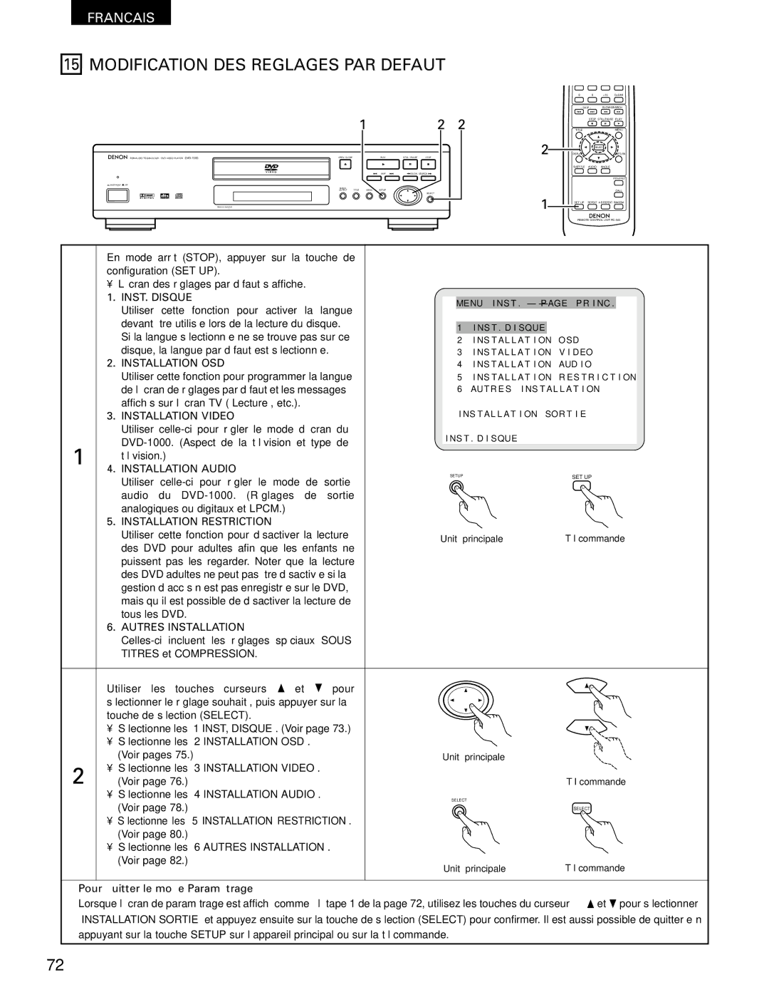 Denon DVD-1000 manual Modification DES Reglages PAR Defaut 