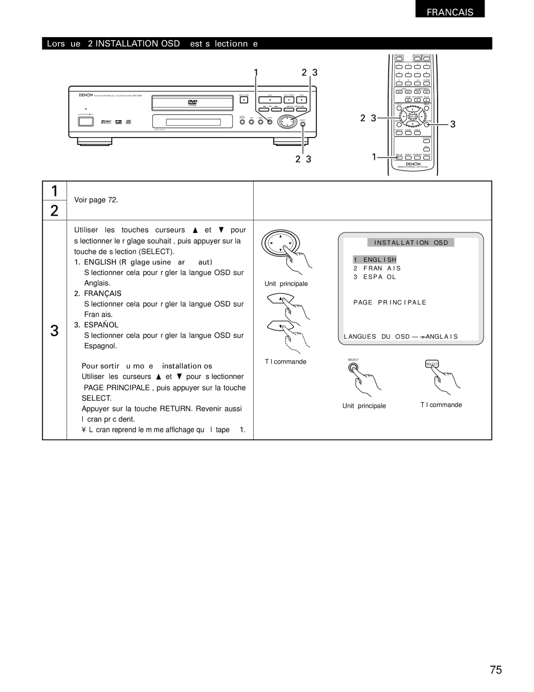 Denon DVD-1000 manual Lorsque 2 Installation OSD est sélectionnée, English Réglage usine par défaut 