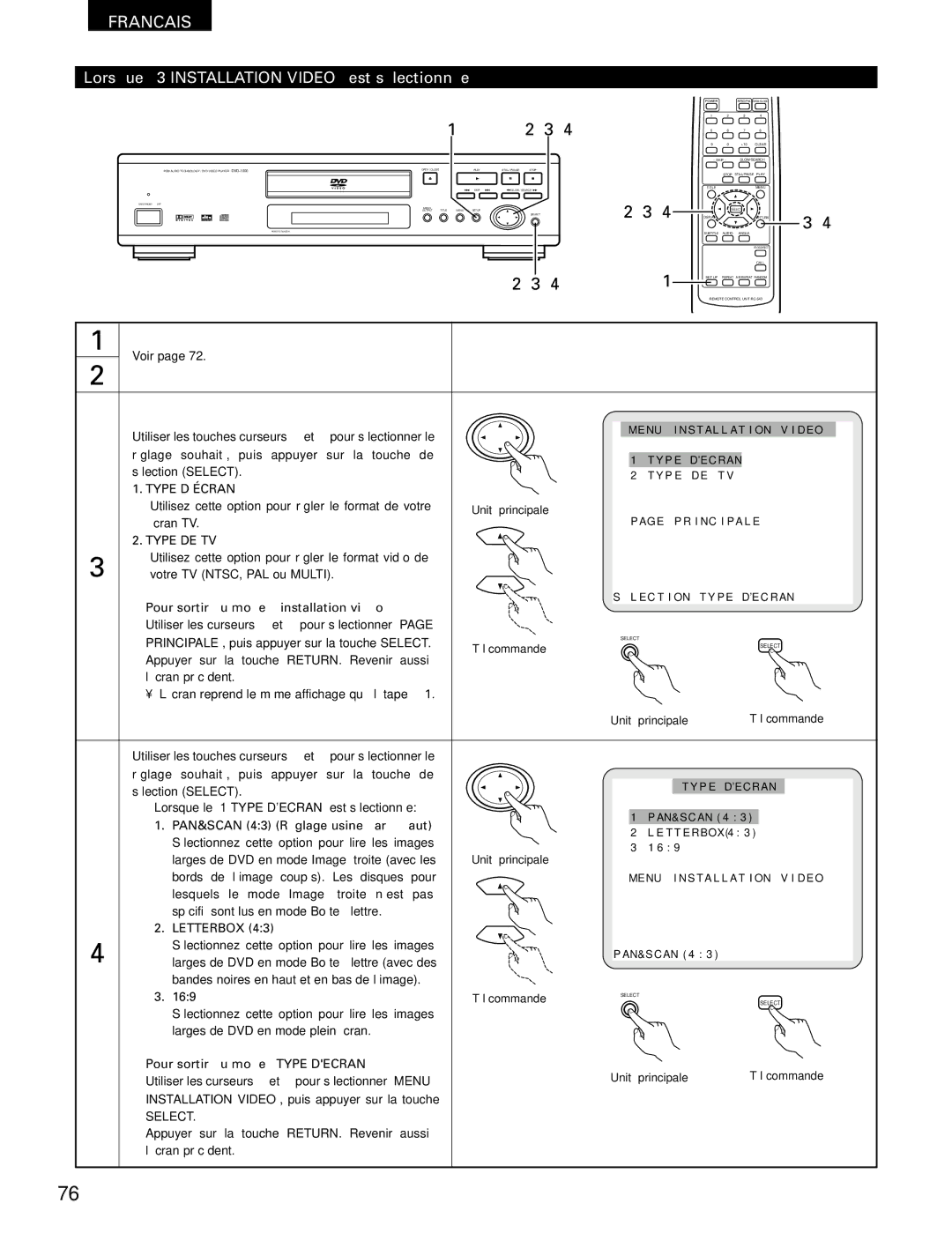 Denon DVD-1000 manual Lorsque 3 Installation Video est sélectionnée, Type D’ÉCRAN, Type DE TV 