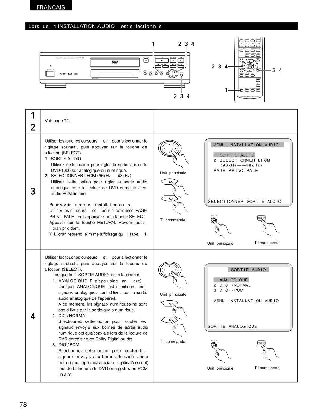 Denon DVD-1000 manual Lorsque 4 Installation Audio est sélectionnée, Sortie Audio, Selectionner Lpcm 96kHz / 48kHz 