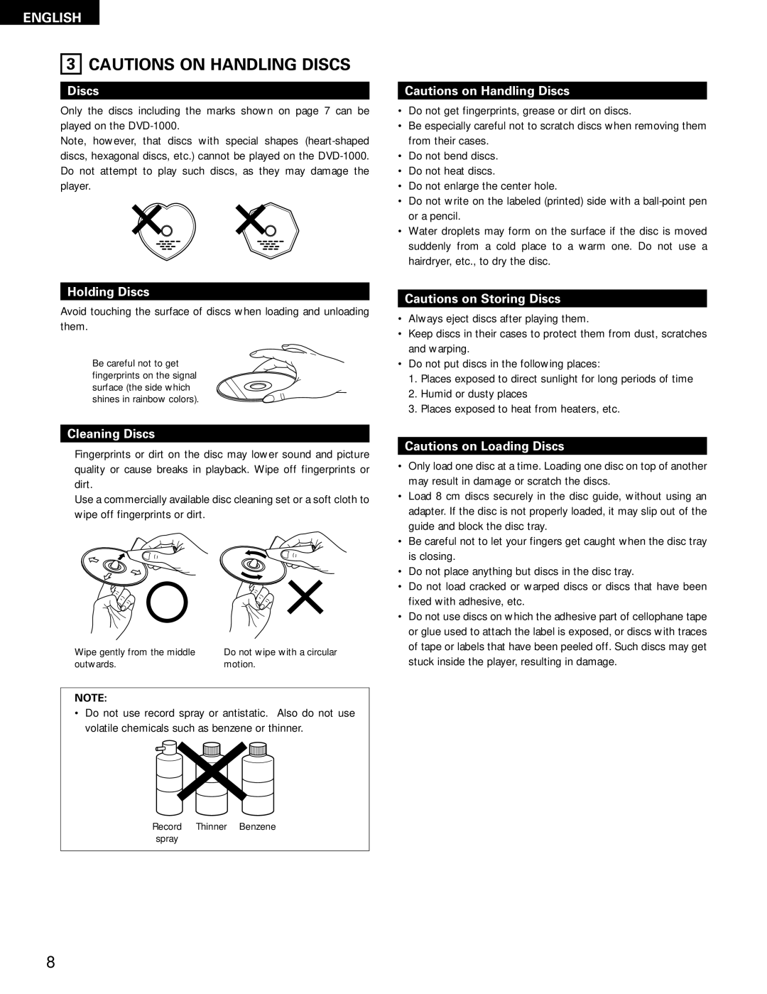 Denon DVD-1000 manual Holding Discs, Cleaning Discs 