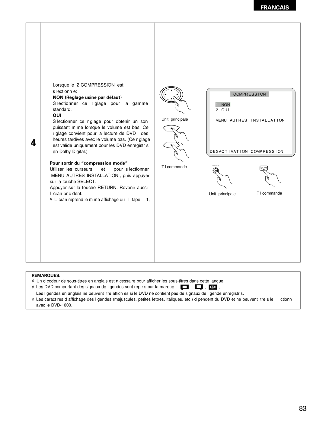 Denon DVD-1000 manual Pour sortir du compression mode, Remarques 