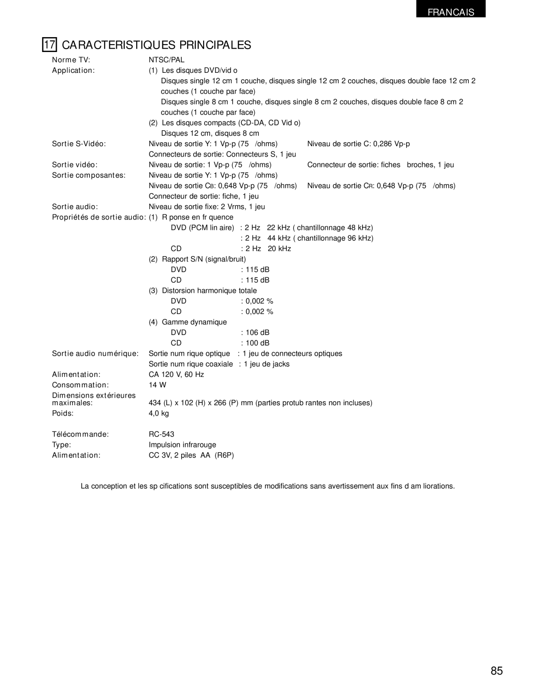 Denon DVD-1000 manual Caracteristiques Principales, Poids Télécommande Type Alimentation 